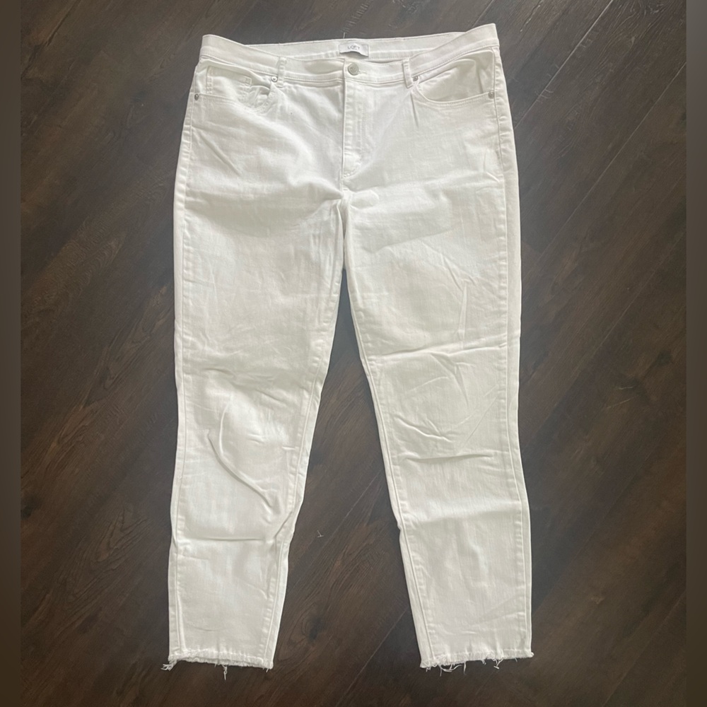 LOFT Skinny Ankle Bright White Denim Freyed Hem Spandex Cotton Jeans Size 16